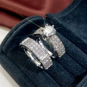 2pc Princess Bridal Ring Set Wedding Ring Couple Rings Vintage Ring Band Simulated Hinestones Engagement Ring Set Wedding Engagement Promise Bride Eternity Ring Anniversary Ring Birthstone Ring Ladies Romantic Holiday Gift