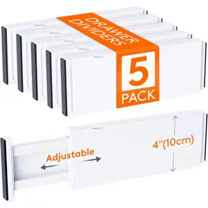 5 Pack Drawer Dividers 4" High, 11-17" Adjustable Dresser Drawer Organizers for Clothes, Expandable Dresser Separators in Bedroom/Bathroom/Kitchen/Vanity/Office Organization and Storage, White
