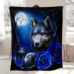 1 Piece Blue Wolf and Rose Floral Flannel Blanket - Suitable for All Seasons, Soft and Warm, Throw Blanket for Sofa, Bed, Camping, Travel, Machine Washable, Comfortable Home Decor Gift, Natural Theme Decoration |   Exquisite Construction
