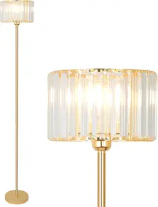Gold Floor Lamp for Living Room, Modern Floor Lamp with K9 Crystal Shade, Brass Standing Lamp with On/Off Switch,Mid Century Tall Lamp Crystal Pole Lamp for Bedroom Corner Office Nursery Reading