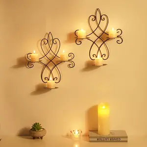 Set of 2 Wall-Mounted Abstract Metal Candle Holders Featuring 3 Cups - Perfect for Romantic Holiday Decor, Home Embellishments, And Outdoor Styling, Votive Holders