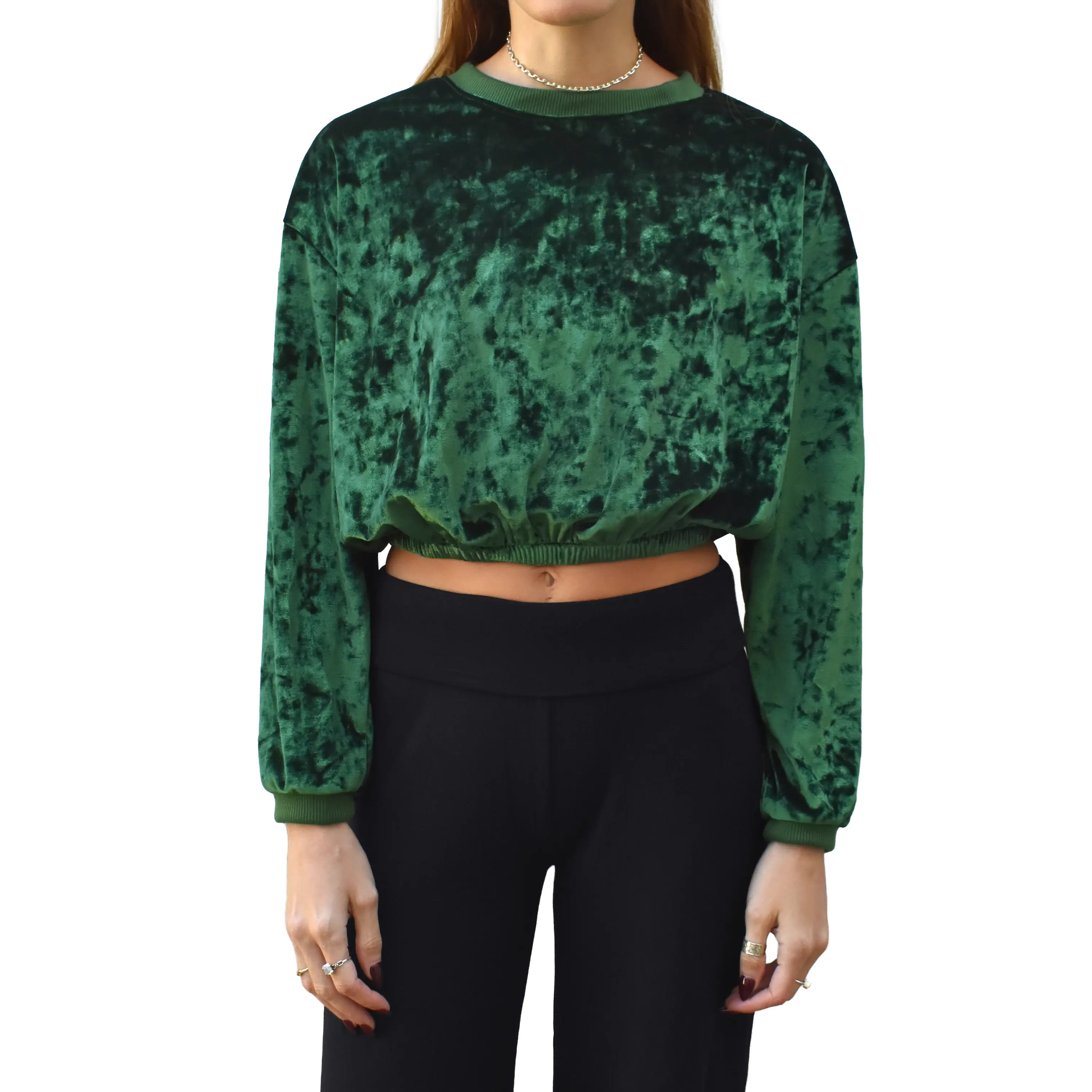 Daisy Del Sol Women's Emerald Green Lush Crushed Velvet Crewneck Long Sleeve Crop Top Stretch Knit Comfy Pullover Cropped Sweatshirt Winter Style