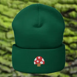 Cute Red Embroidered Mushroom Cuffed Beanie Hat