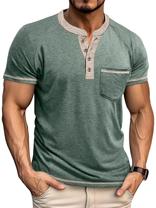 2026 Men's Casual Fashion Short-Sleeve Henley Top - Vintage Button-Front Color-Block Tshirt, Western Style trendy streetwear shirt