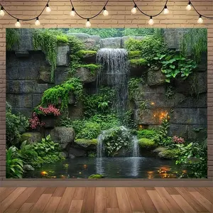 1pc Waterfall & Greenery Polyester Backdrop Banner - Lush Stone Wall Design with Cascading Waterfall & Vibrant Foliage, Durable Wrinkle-Resistant Fabric for Photography, Live Streaming, Weddings,