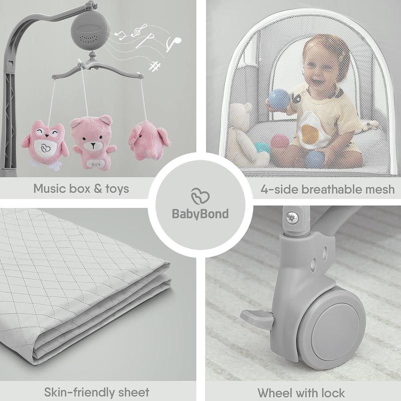 Baby Bassinet & Bedside Sleeper, Portable Baby Crib for Newborns and Infants, Foldable Playard with Mattress, Diaper Changer, Music Mobile for Nursery