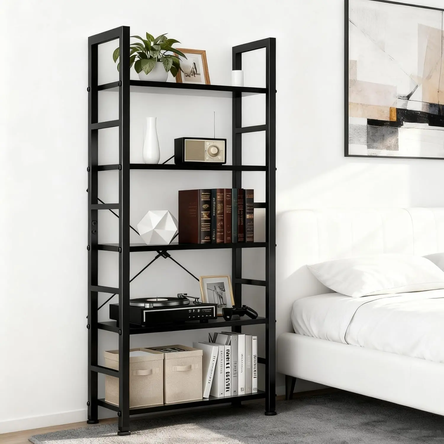 5 Tier Bookshelf, Free Standing Wooden Bookcase with Open Storage Shelves with Metal Frame, Sturdy Shelf Organization Display Rack for Living Room, Bedroom, Home Office, 62.2" Tall, Black