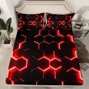 Red and Black Print Full Queen Size Fitted Sheet,Hexagonal Bed Cover,Honeycomb Decor Bed Sheet Set,Beehive Simplistic Geometric Easy Care Bed Set