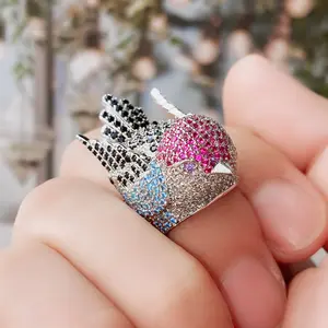 1pc Stylish Bird-Shaped Ring with Pink & Blue Synthetic Gemstones, Black Enamel Accents & Clear Crystals - Unisex Jewelry for Men & Women, Daily Wear, Parties, Carnival Events, Party Accessories, Playful Design, Detailed Craftsmanship, Fash promise rings