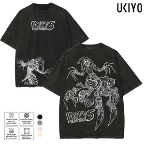 Poppy Playtime Graphic Tee | Vintage Mineral Washed Oversized T-Shirt | Horror Mechanical Monster White Line Art Heavyweight Cotton Menswear Streetwear Top
