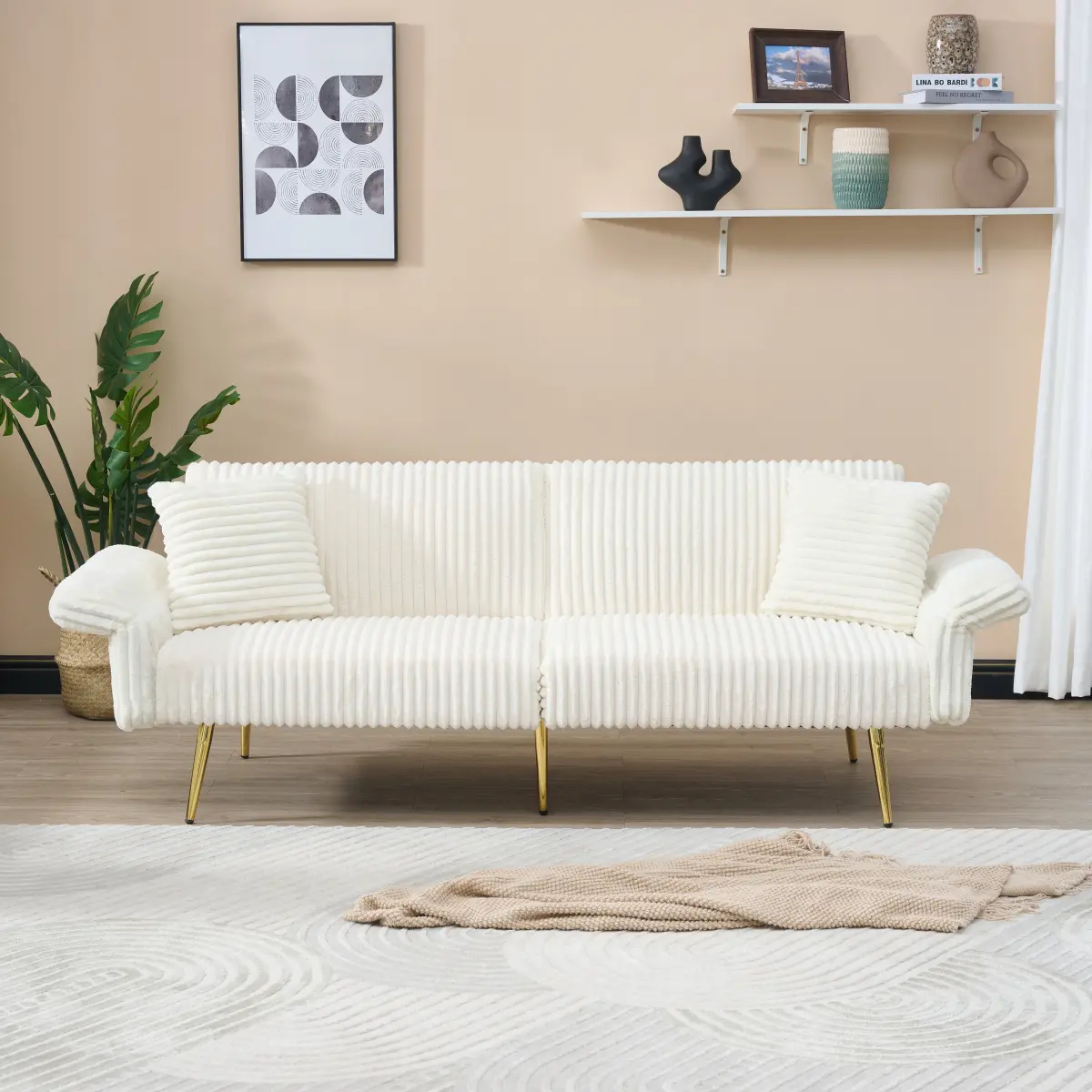79-in Corduroy Foldable Double Sofa Bed with Folding Armrests, Cushioned Double-Cushioned Foldable Innerspring Multi-Purpose Futon Sets, Space-Saving for Living Rooms & Small Spaces, Cushioned Futon Sets