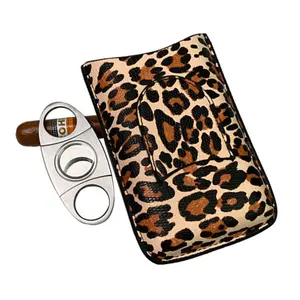 Portable Cigar Case with Knife, Leopard Print Cigar Holder, Moisture Box, Cigar Set Includes Cigar Cutter, Travel-Friendly