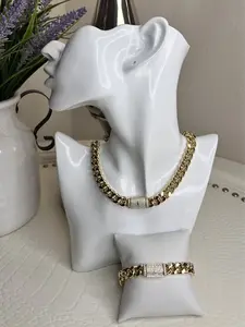 14k Gold Plated Cuban Set Necklace and Bracelet with Zirconia Clasp