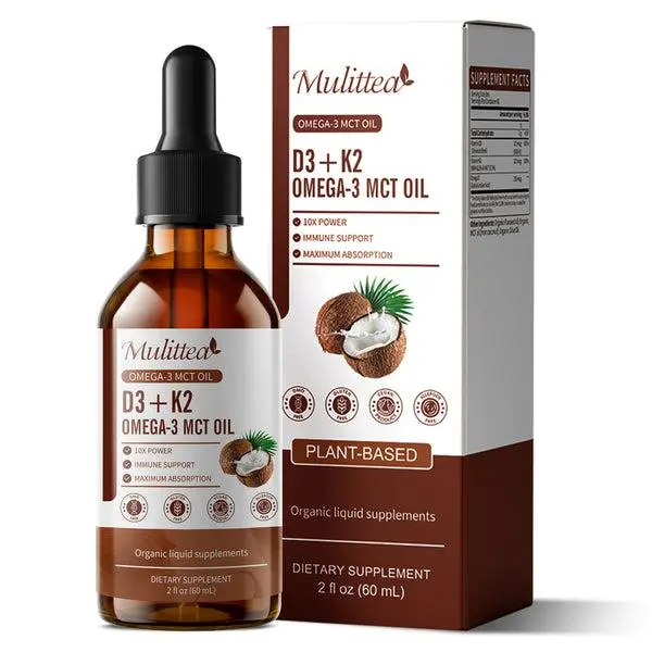 Mulittea® Vitamin D3 + K2 + Omega-3 Liquid Drops - 98% High Absorption - Plant-Based for Bone, Heart & Immune Support (2oz)