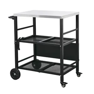 Stainless Steel Foldable Grill Table Cart, Outdoor Food Prep Rolling Cart with Wheels and Storage Shleves, Paper Towel Holder, Easy Movable Kitchen Island for Home, Patio, Pizza Oven