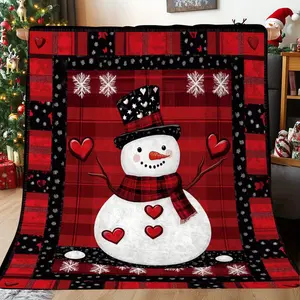 Christmas cottage style snowman print flannel blanket - made of soft polyester, suitable for all seasons, geometric pattern makes it an ideal gift for friends and family. A Christmas essential.