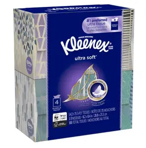 Kleenex Ultra Soft Facial Tissues, 4 Cube Boxes, 75 White Tissues per Box, 3-Ply (300 Total) Colorful