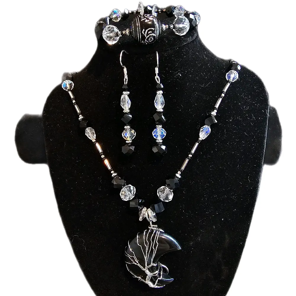 Gabriela Haller HigherKii Artique Lunar Eclipse Jewelry Set with Black Moon Crescent Pendant and Beaded Necklace Set Version 1
