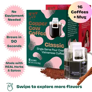 Vietnamese Coffee 16-Pack Pour Over Variety with Free Mug - Natural Healthy Drink Beverage Made with Real Robusta Coffee Beans, Herbs & Spices Sugar Vanilla