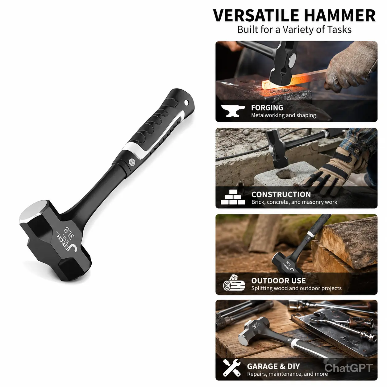 OUDISI Z50 Sledge Hammer - 2LB-3LB High-Quality Carbon Steel Precision Forging 1-Piece Core Heavy-Duty Tool, Non-Slip Plastic Handle for Construction, Garage Use