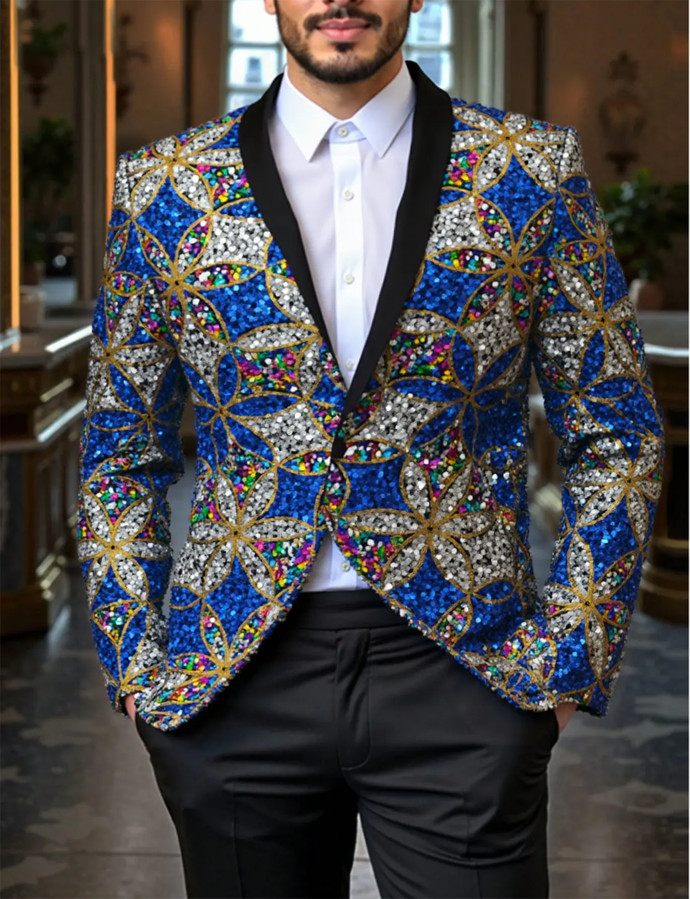 Men's Sequined Suit - V-Neck, Long Sleeve, Bold Sequin Style, Festive Shimmer, Photoready Sparkle, Standout Sequins for Parties & Social Gatherings