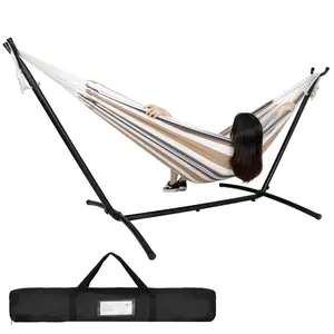 AnswerE 9FT 450lbs Portable Brazilian Double Hammock Stand - 2-Person, 6 Adjustable Positions, Stripe Pattern Fabric Hammock with Soft Seat & Lounge Swing, Carry Bag for Indoor/Outdoor Patio, Adjustable Fabric Hammock, Soft Hammock Seat