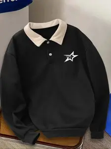 Men's Fall Winter Star Print Polo Neck Sweatshirt, Casual Outdoor Fitted Pullover, Half Button Design, Moderate Fabric, Trendy Style