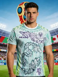 Mexico National Men's Soccer Jersey with Aztec T-Shirt, All over Print Authentic Football Gear, Breathable Training & Match Wear, Athletic Activewear, Breathable Athletic Top, Jersey Shirts