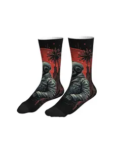 Men Black Background Red Sunset Skull Rider Helmet Palm Tree Mid Calf Socks Vintage West Coast Motorcycle Streetwear Socks