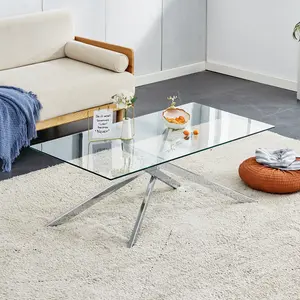 39.37in Rectangular Tempered Glass Coffee Table - Stylish Design with Silver Chrome-Plated Metal Legs, Clear Living Room Coffee Table