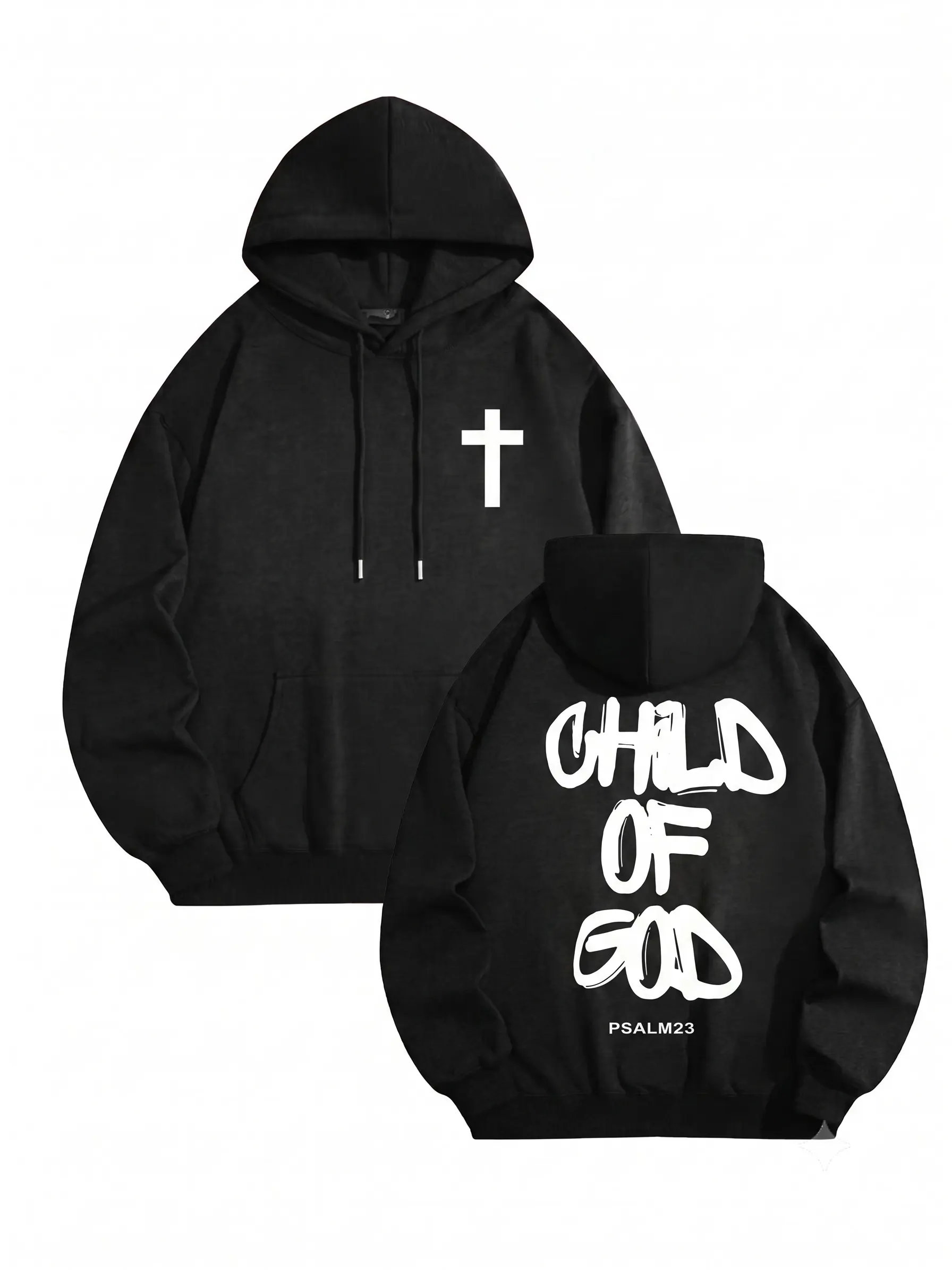 Unisex Black Oversized Christian Hooded Sweatshirt, Small Cross On Front, Child Of God  Graffiti Print Back Pullover Streetwear Hoodie