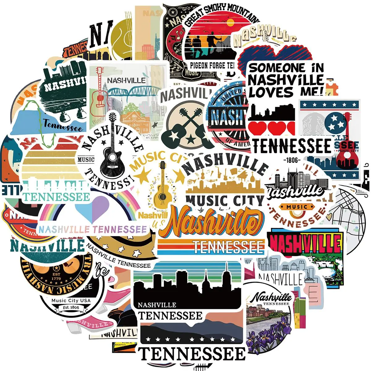 Nashville Music City Sticker, 50pcs/set Waterproof Vinyl Decals for Bottle Laptop Luggage Computer Mobile Phone Skateboard Guitar Helmet Snowboard Decor, Ornaments