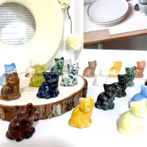 Different Material 3 CM Height Small Cat Crystal 10 Counts Rose Quartz Clear Quartz Yellow Tiger Eye Rhodonite Kiwi Healing Crystal Home Decoration