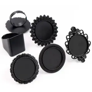 20mm 5pcs Black Plated 5 Style Adjustable Ring Settings Blank/Base,Fit 20mm Glass Cabochons,Buttons;Ring Bezels