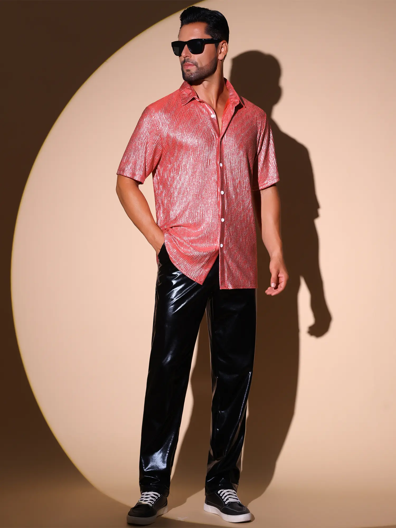 INSPIRE CHIC Metallic Shirts Men Sparkle Short Sleeve Button Disco Party Glitter Shirts