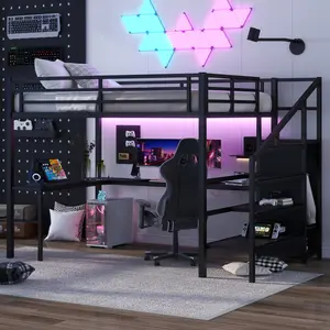 [SOIYELIFE] Black Loft Bed with L-Shaped Desk, LED, USB Ports, Wardrobe, and Adjustable Shelves, Perfect for Kids, Teens, and Adults, High Loft Bed with LED
