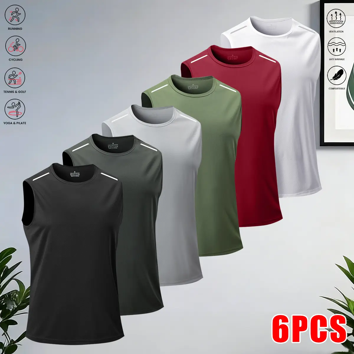 6-piece set: men’s sleeveless T-shirts and sports fitness tank tops; quick-drying, comfortable, breathable—ideal for summer workouts, running, sports, and everyday casual wear. Men’s tops | Summer menswear