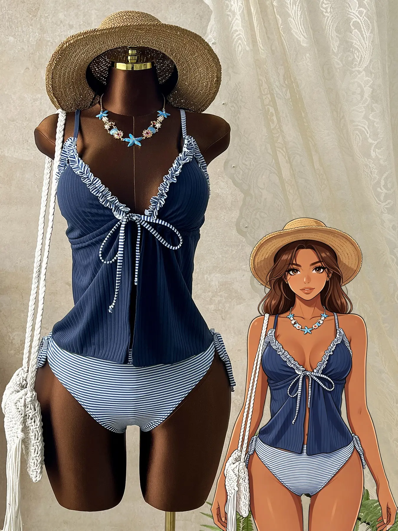 Vertical Stripe Halter Bikini Set, French Navy Style, Slimming Vacation Swimwear, Striped Swimsuit, Beachwear, Stylish Swimwear, Casual Swimsuits Set, Swimwear Bathing Suits