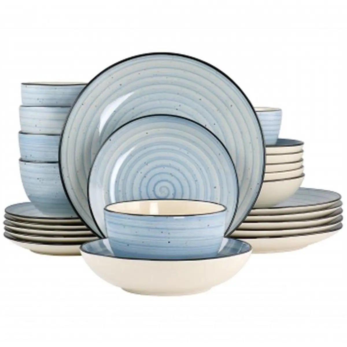 212 MAIN Elama Gia Hand-Painted Swirls Round Stoneware Dinnerware Set, Light Blue, Stackable 24-Piece Tableware Set