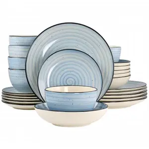 212 MAIN Elama Gia Hand-Painted Swirls Round Stoneware Dinnerware Set, Light Blue, Stackable 24-Piece Tableware Set