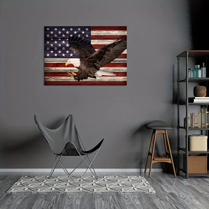 Rustic Wood Grain American Flag Canvas Wall Art With Wooden Stretcher Inner Frame, Flying Bald Eagle Patriotic Decor For Living Room Bedroom Office 4th Of July
