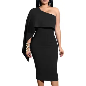 Women's Summer Sexy One Shoulder Ruffle Bodycon Midi Cocktail Dress