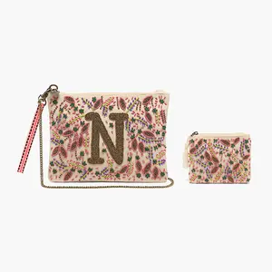 America & Beyond N Initial Embellished Pouch with Coin Bag Hand Beaded Floral Design Fall Colors Wristlet Strap 10.5" x 7.5"