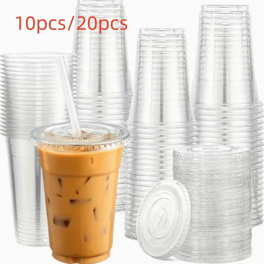 10pcs/20pcs Transparent Plastic Cups with Lid, Disposable Leak-Proof Non-Slip, Perfect for Ice Coffee, Bubble Tea, Parties, Weddings, Travel, Clear Plastic Cups, Disposable Drinkware
