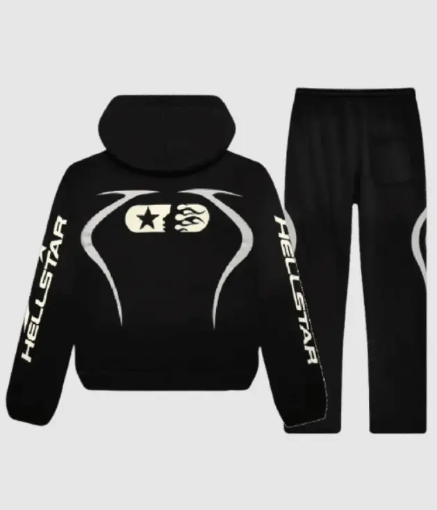 Black Hellstar Sports Jet Tracksuit, Graphic Hoodie & Jogger Set, Y2K Streetwear Tracksuit Outfit for Men & Women
