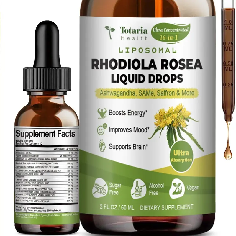 Totaria 16-in-1 Liposomal Rhodiola Rosea Supplement Tincture 1000mg, Ultra Strength Rhodiola 10:1 Root Extract w/Ashwagandha, Rhodiola Liquid Drops for Natural Relaxation, Mood, Energy, Alcohol-Free