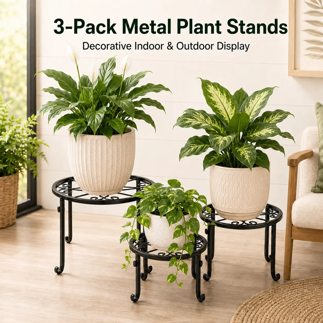 Metal Plant Stands (3-Pack, 3 Sizes), 1-5pcs Rust-Resistant Metal Planter Stands with Sturdy Curved Legs & Decorative Scroll Pattern, Pot Risers for Balcony Flower Pots & Planters Indoor & Outdoor Display