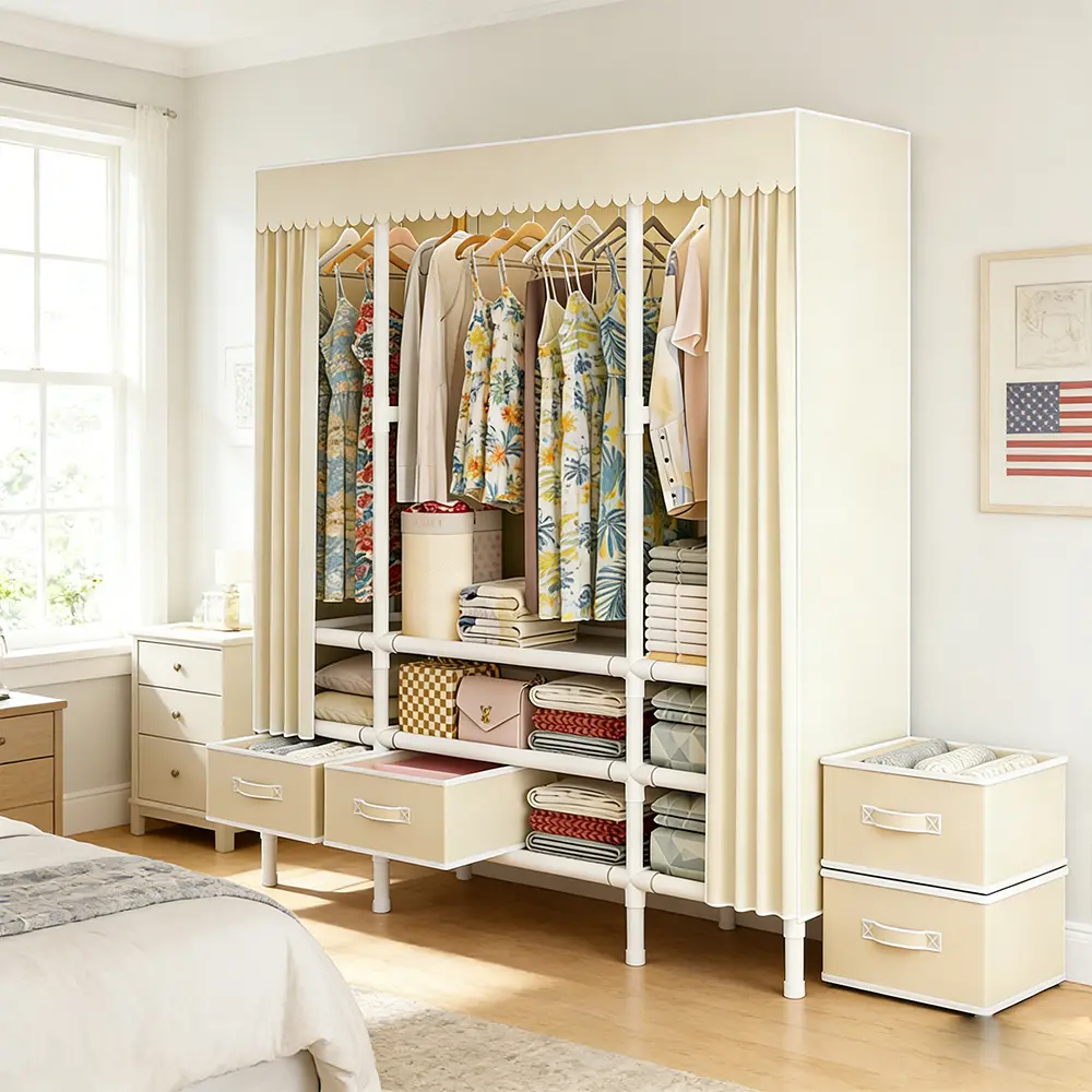 Cream Freestanding Fabric Wardrobe with Dust Curtain, Heavy-Duty Metal Frame Garment Rack with 3 Hanging Rods, Multi-Tier Storage Shelves & 4 Pull-out Drawers, Portable Large Capacity Closet Organizer for Bedroom, Apartment, Rental Homes