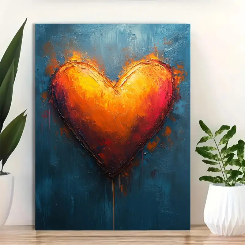 1 Piece 30.48x 40.64cm Framed Canvas Wall Art - Orange to Red Gradient with Blue Background Vibrant Graffiti Heart Painting, Valentine's Day Gift, Modern Love Bedroom Decoration, Ready to Hang, Textured Brush Strokes, 2D Flat Surface, Perfect Room Decorat