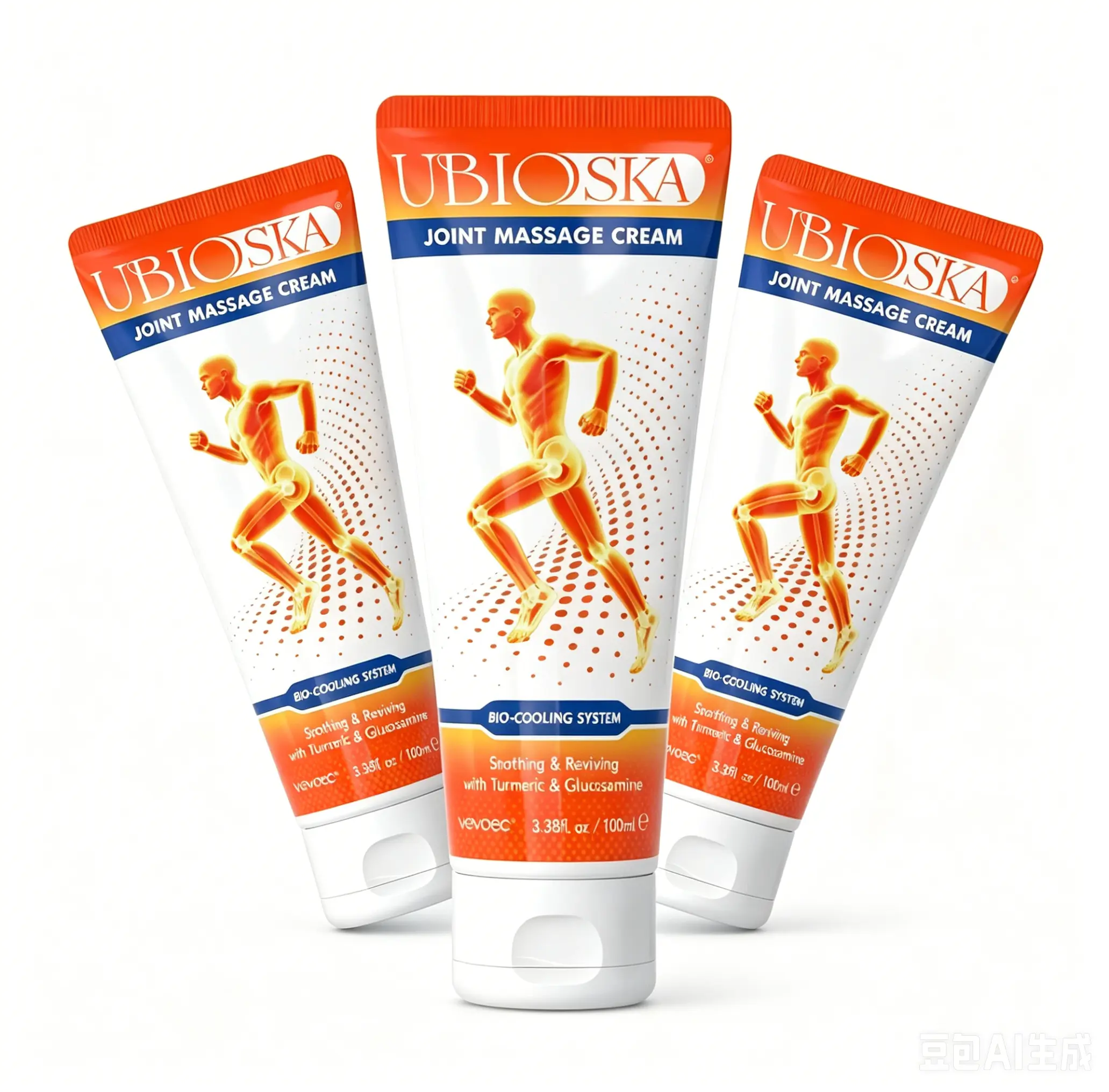 UBIOSKA Joint Massage Cream 100ml/3.4 fl oz | With Glucosamine, Chondroitin, Hyaluronic acid, Menthol, Turmeric and MSM | Ideal For Neck, Shoulder, Back, Knee, Foot & Muscle Comfort | Portable, Travel-Friendly